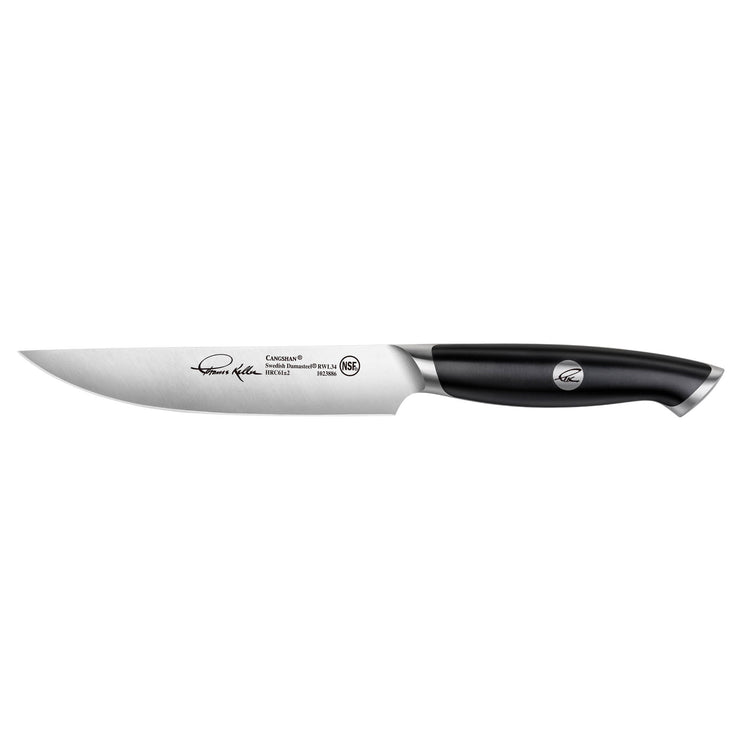 TKSC 5-inch steak knife with black ergonomic handle and fine-edge stainless steel blade, Thomas Keller Signature Collection.