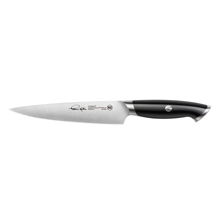 7-inch utility knife with polished stainless steel blade and black ergonomic handle from Thomas Keller collection.