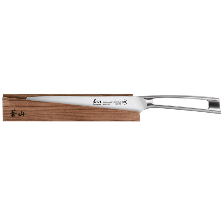 8-inch bread knife with stainless steel handle resting on a rectangular ash wood sheath.