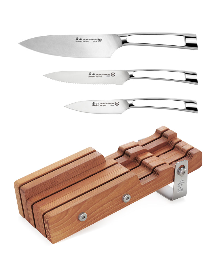 Four-piece knife set with three stainless steel knives and a wooden block with metal accents for storage.