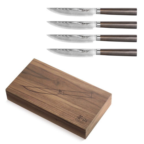 Four steak knives with dark wooden handles and patterned blades displayed above a closed walnut box with a knife outline on t