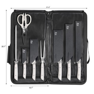 
                    
                      Nine-piece BBQ knife set with white handles, including scissors, sharpening rod, fork, and carrying case with dimensions.
                    
                  