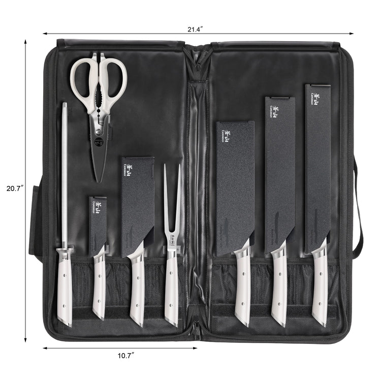 Nine-piece BBQ knife set with white handles, including scissors, sharpening rod, fork, and carrying case with dimensions.
