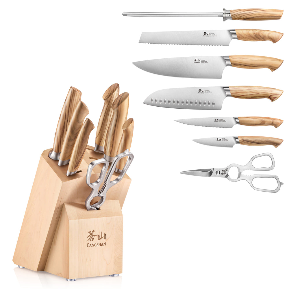 
                  
                    Load image into Gallery viewer, OLIV Series 8-Piece Knife Block Set, Maple, Forged Swedish 14C28N Steel, 501684
                  
                