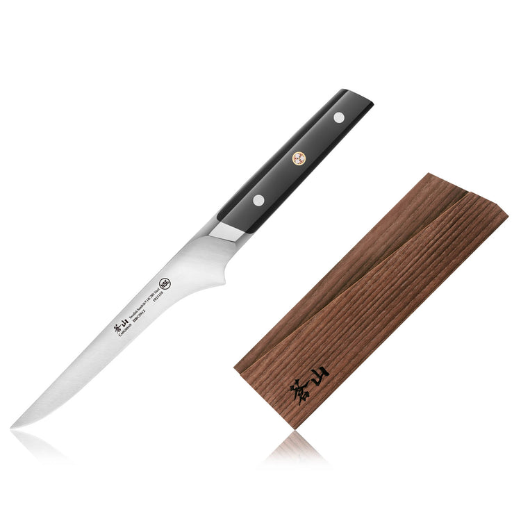 Fillet knife with black handle and a wooden sheath featuring Japanese characters.
