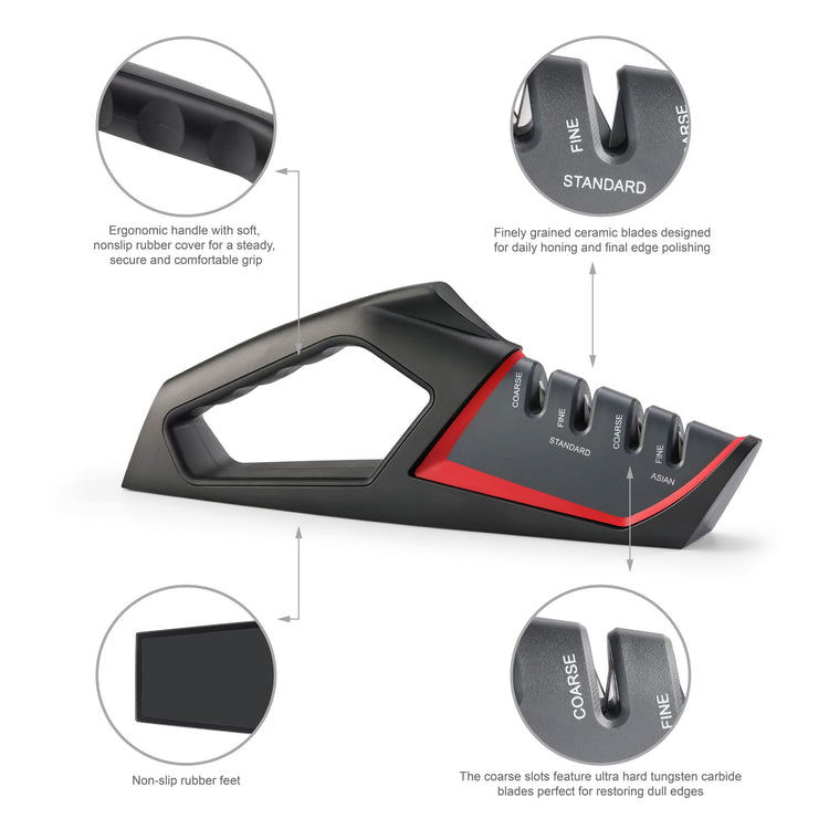 Hand-held knife sharpener with ergonomic handle, coarse and fine slots labeled for Asian and standard angles, and non-slip ru