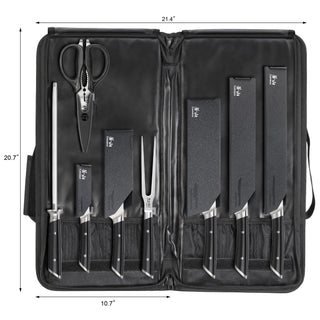 
                    
                      Nine-piece BBQ knife set with various knives, scissors, fork, and sharpening steel in a black carrying case.
                    
                  