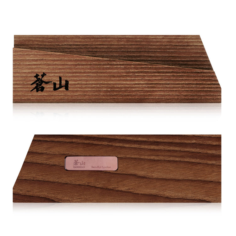 Solid ash wood magnetic knife sheath with Japanese characters on one side and a metal label on the back.