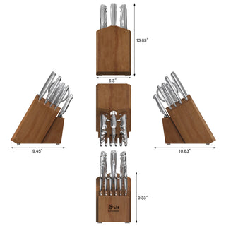 
                    
                      Wooden knife block holding 17 stainless steel knives, shown from five angles with dimensions.
                    
                  
