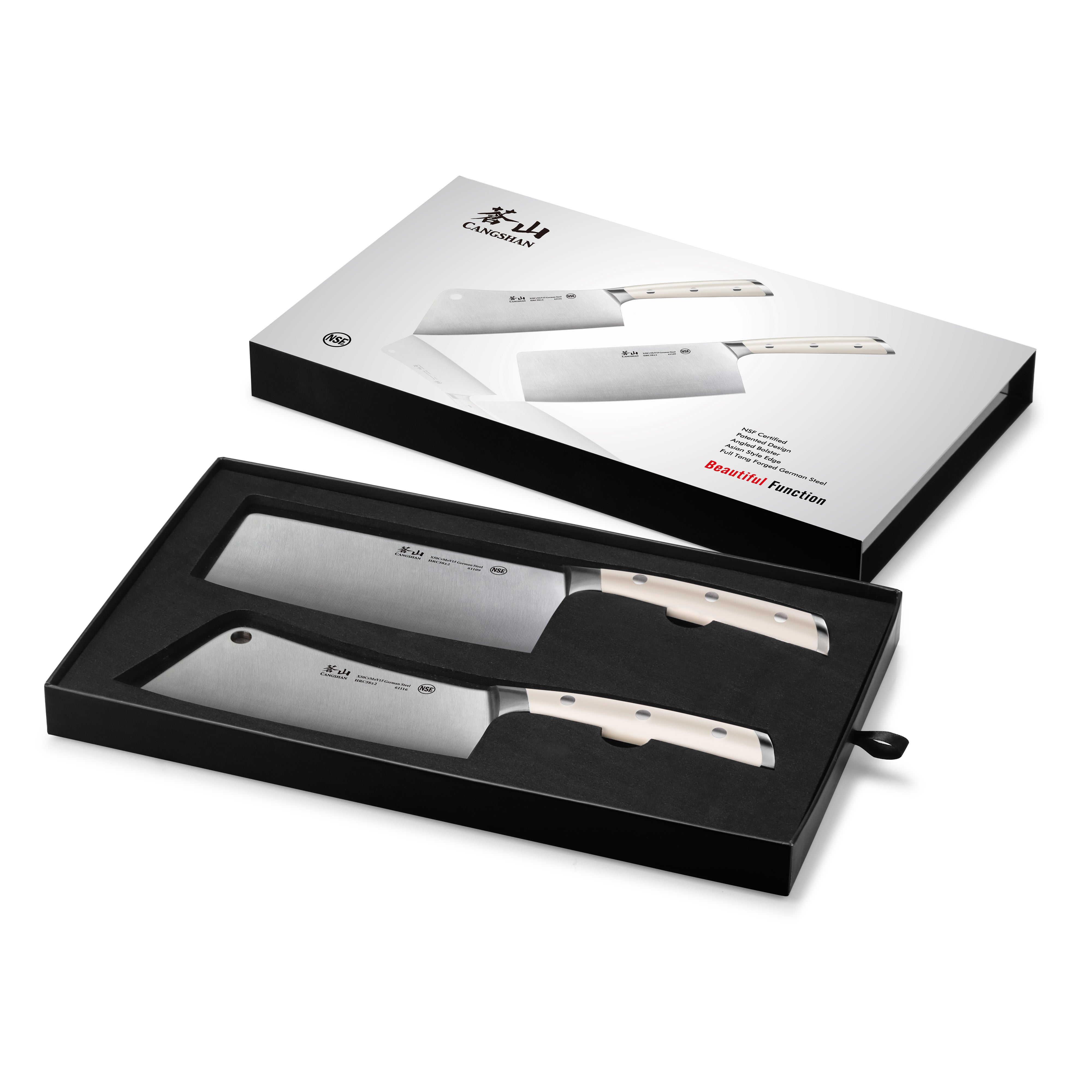 Two cleaver knives with light-colored handles in a black foam tray inside a white box with knife images and branding on the l