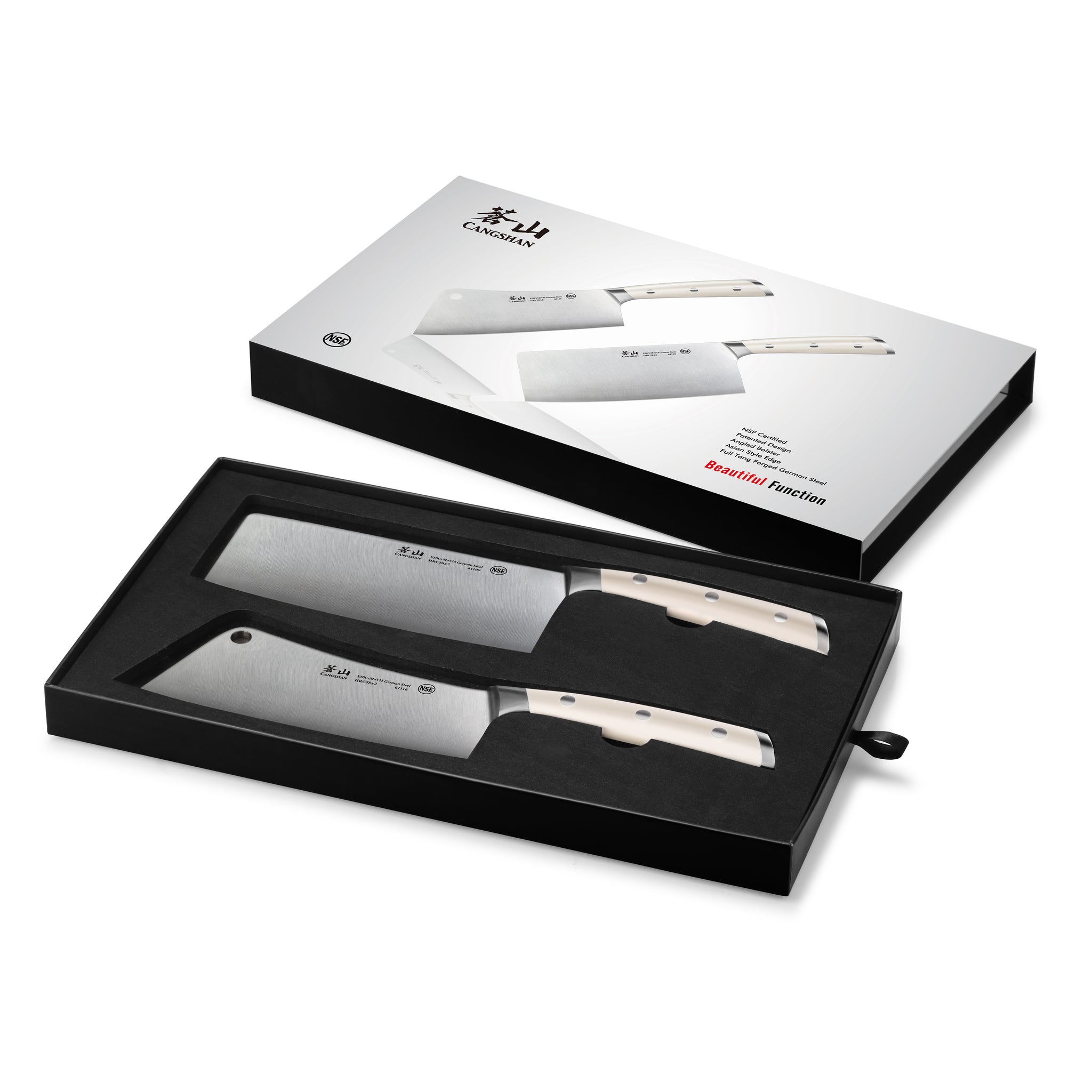 Two cleaver knives with light-colored handles in a black foam tray inside a white box with knife images and branding on the l