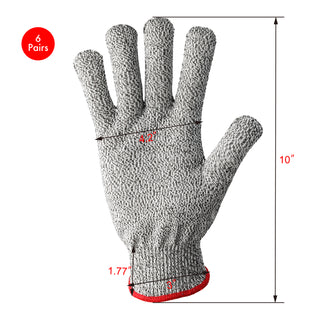 
                    
                      Gray textured cut resistant glove with measurements: 10 inches long, 4.2 inches palm width, 1.77 inches wrist height, size la
                    
                  