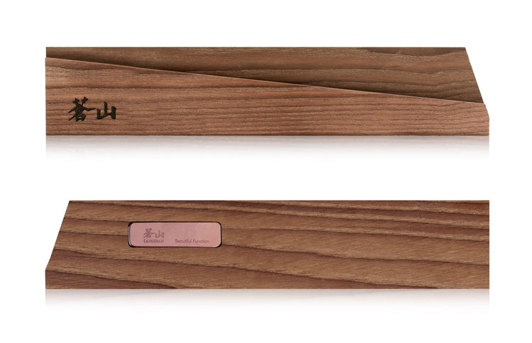 Solid ash wood magnetic knife sheath with engraved logo and smooth finish shown from two angles.