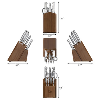 
                    
                      Knife block set with stainless steel knives and kitchen scissors, shown from five angles with dimensions.
                    
                  
