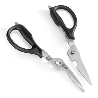
                    
                      Black-handled kitchen shears with serrated and straight stainless steel blades, shown open on a white background.
                    
                  
