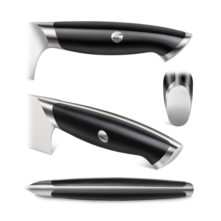 Black ergonomic handle of TKSC 8-Inch Chef's Knife with stainless steel accents and logo badge shown from multiple angles.