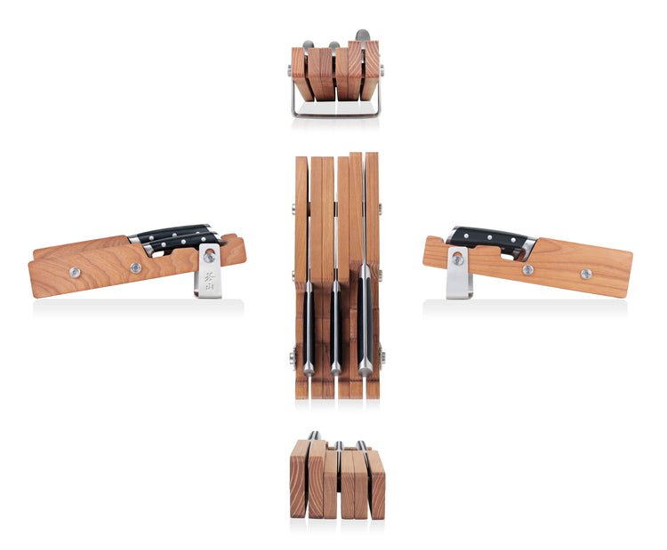 Four forged German steel knives with black handles stored in an ash wood block, shown from multiple angles.