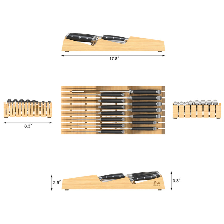 Wooden bamboo tray holding 15 black-handled knives arranged in two rows with dimensions shown.
