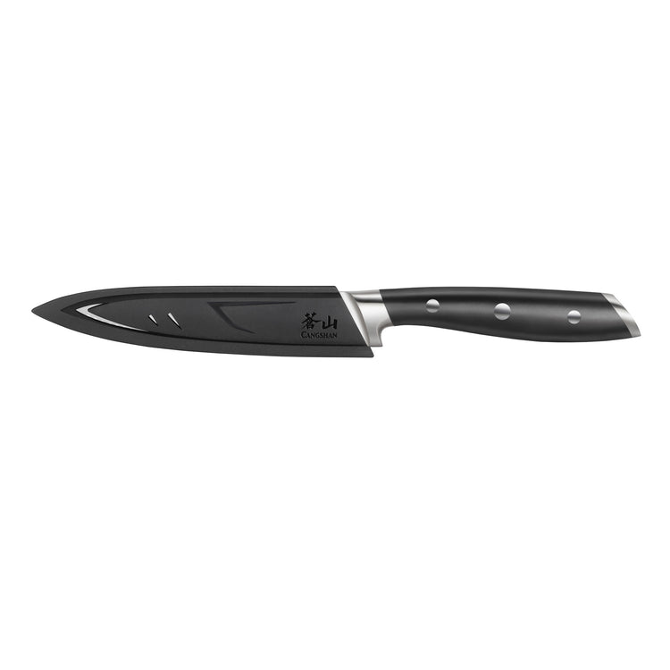 Black serrated utility knife with three-rivet handle and protective sheath covering the blade.