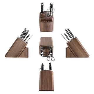 
                    
                      Wooden knife block set with seven knives, kitchen scissors, and eight empty slots, shown from five angles.
                    
                  