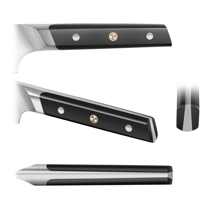 Black guitar headstock with two metal tuning peg holes and a small circular emblem in the center.