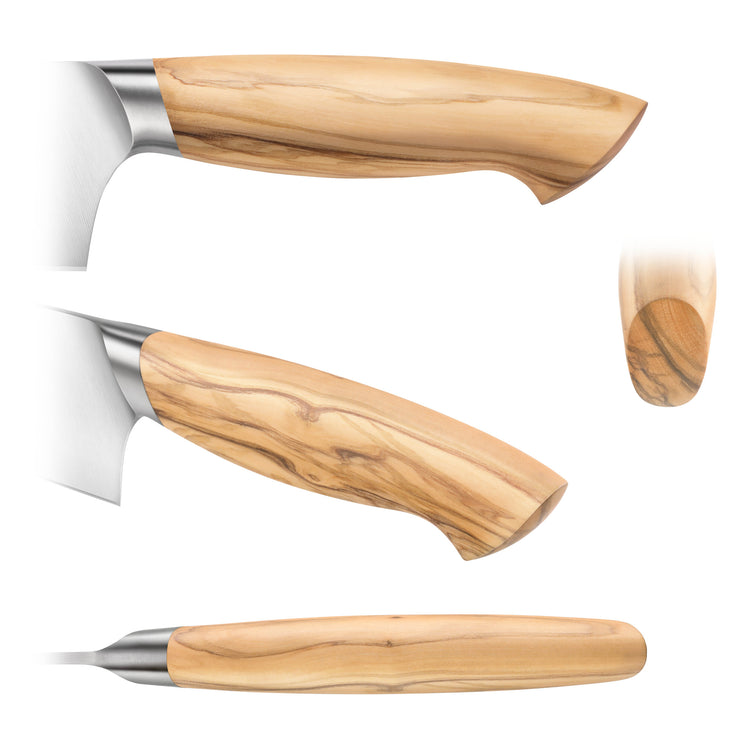 Olivewood handle of a Santoku knife shown from side, top, and end views with stainless steel bolster.