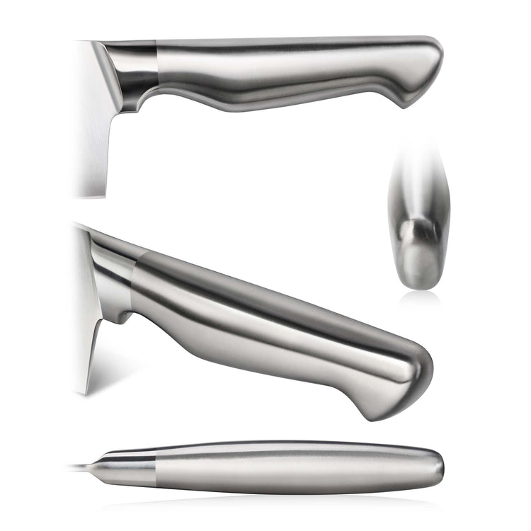Stainless steel knife handle shown from side, angled side, and top views with smooth ergonomic design.