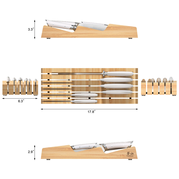 7-piece knife set with stainless steel blades and bamboo in-drawer storage tray, shown with dimensions.