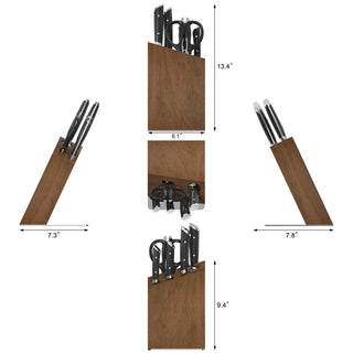 
                    
                      Wooden knife block holding six knives, kitchen scissors, and a sharpening rod, shown from multiple angles with dimensions.
                    
                  