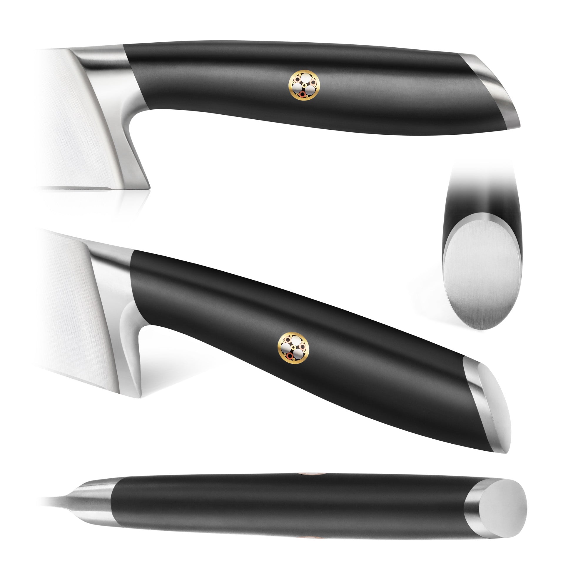 Black carving knife handle with silver accents shown from multiple angles on white background.