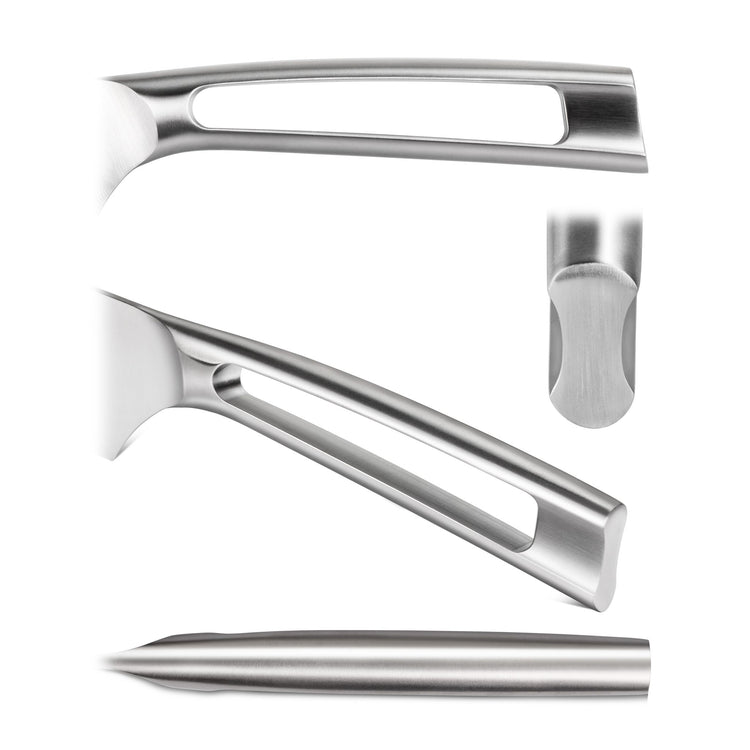 Close-up views of a stainless steel knife handle with a hollow rectangular cutout and rounded end.