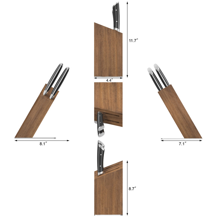 Wooden knife block with three knives, shown from multiple angles with dimensions: 11.7" height, 8.1" width, 7.1" depth.