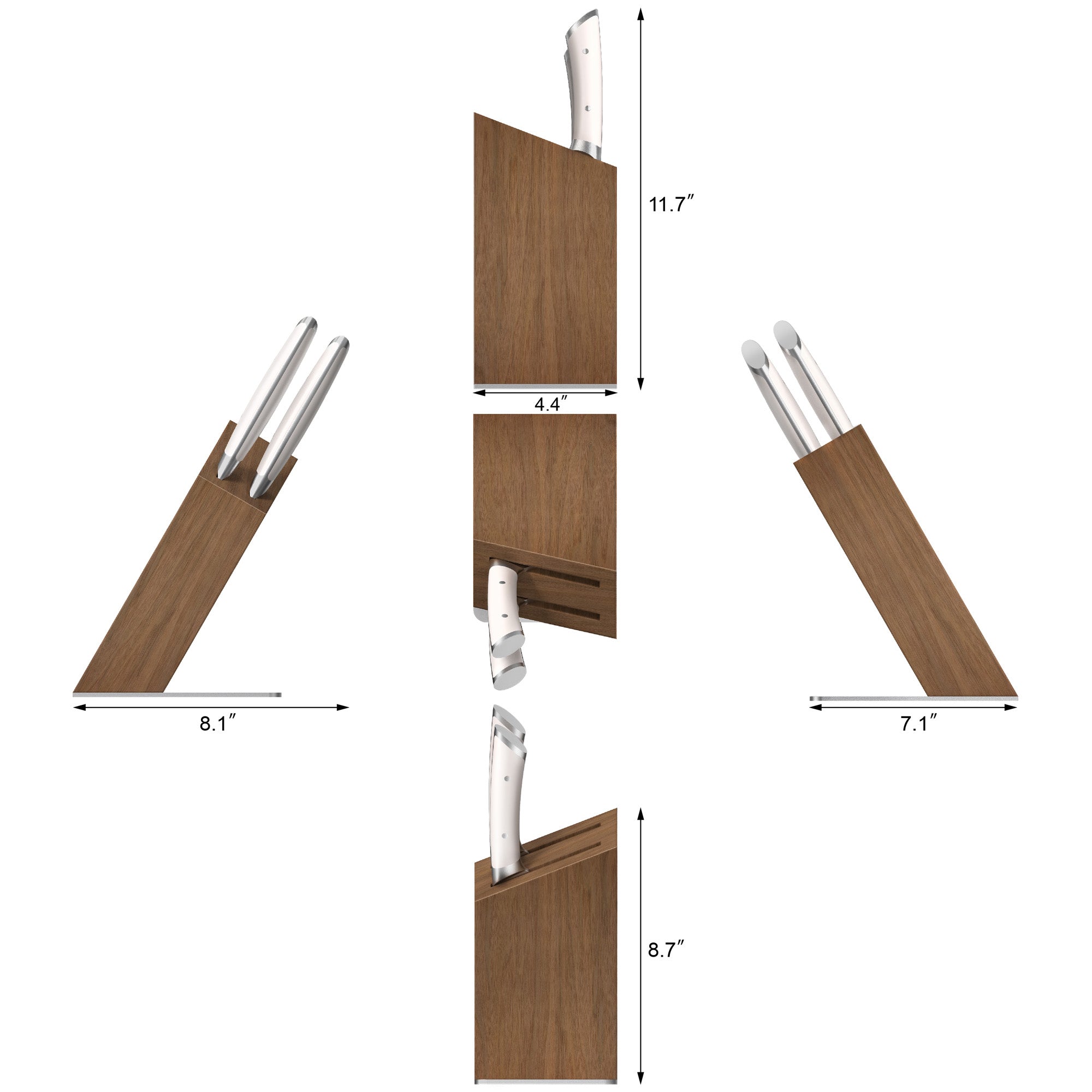 Acacia wood knife block holding three knives, shown from multiple angles with dimensions.