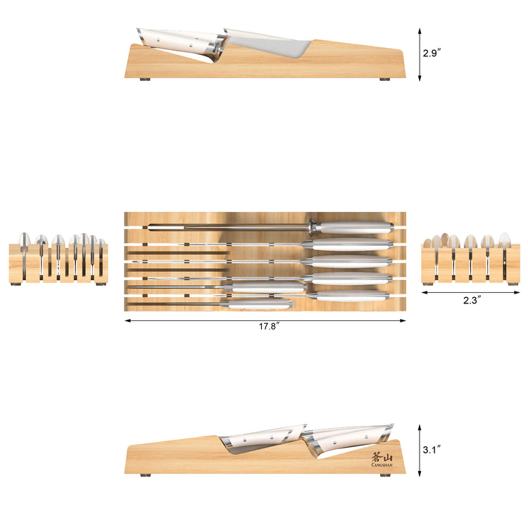 Wooden bamboo tray holding eight stainless steel BBQ knives with ergonomic handles, shown from top and side views with dimens