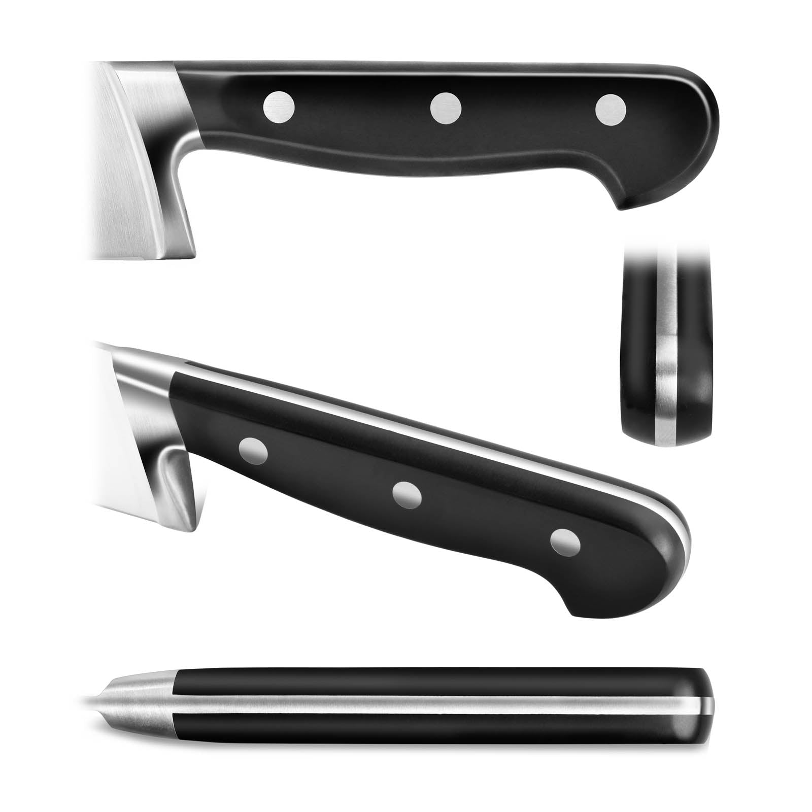 Black three-rivet knife handle with metal tang, shown from top, side, front, and bottom views.