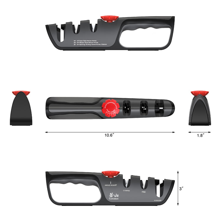 Black handheld knife sharpener with three sharpening slots, red adjustment knob, and ergonomic handle, measuring 10.6 by 3 by