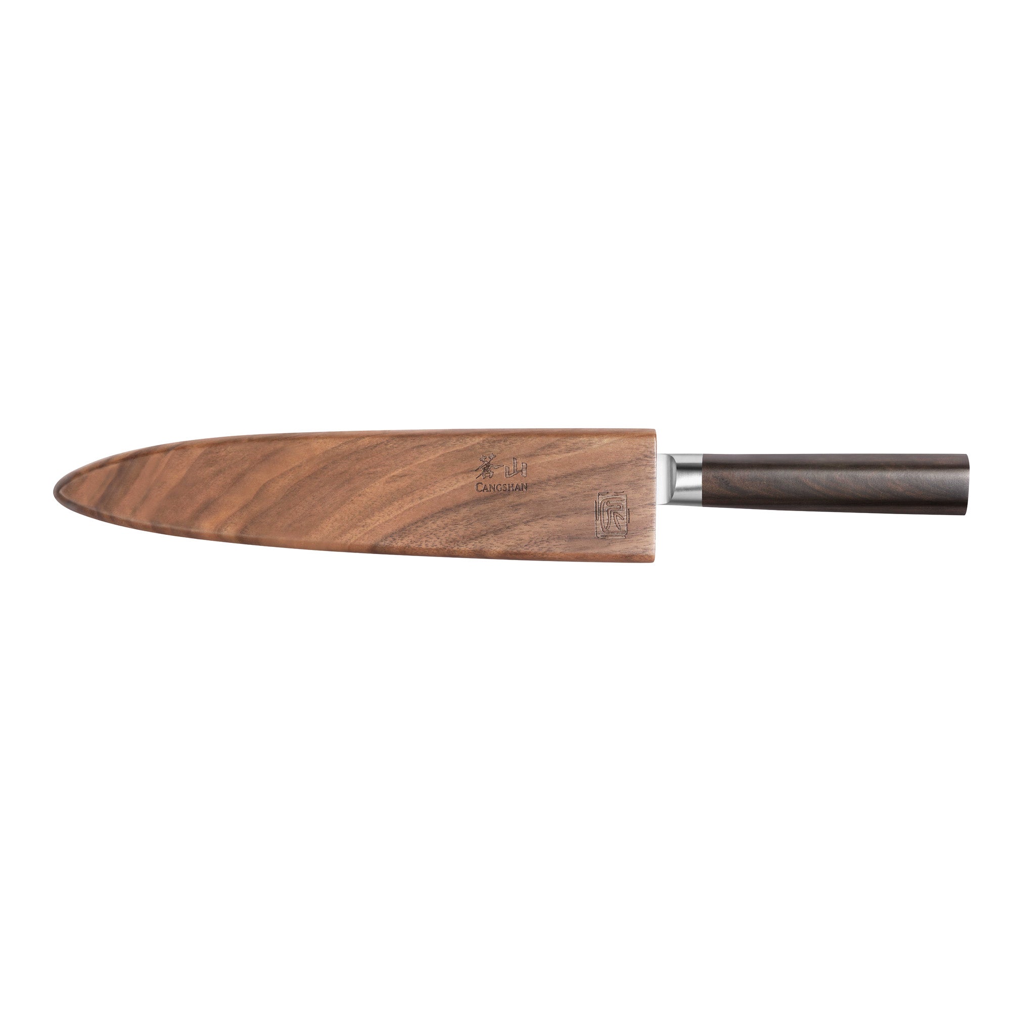 8-inch sashimi knife with dark wooden handle and protective wooden sheath covering the blade.