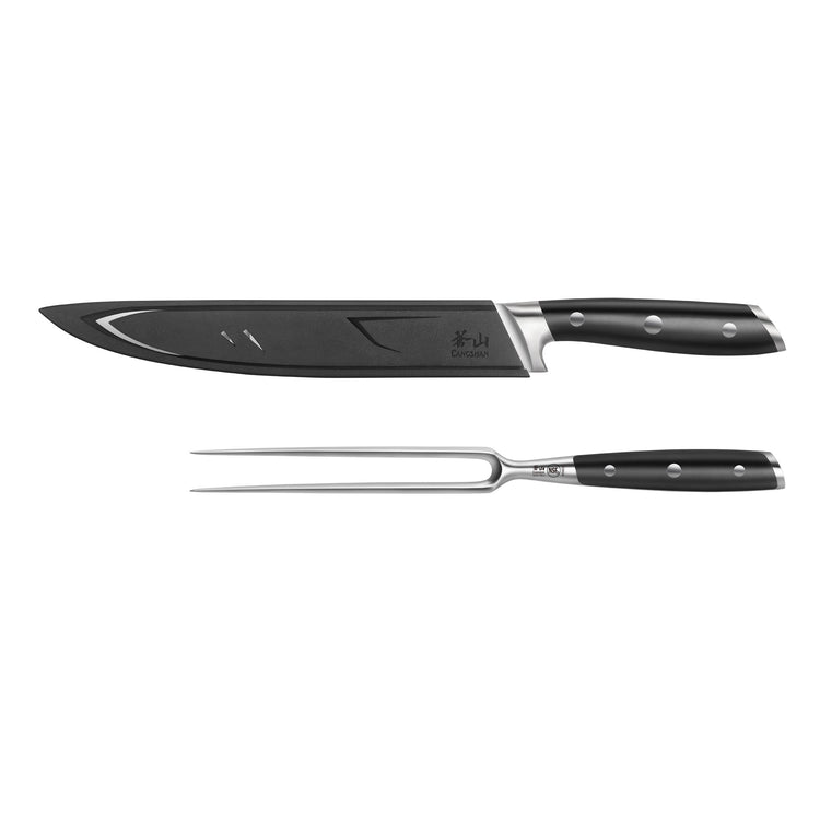 Black-handled carving knife with protective sheath and two-prong carving fork with black handle.