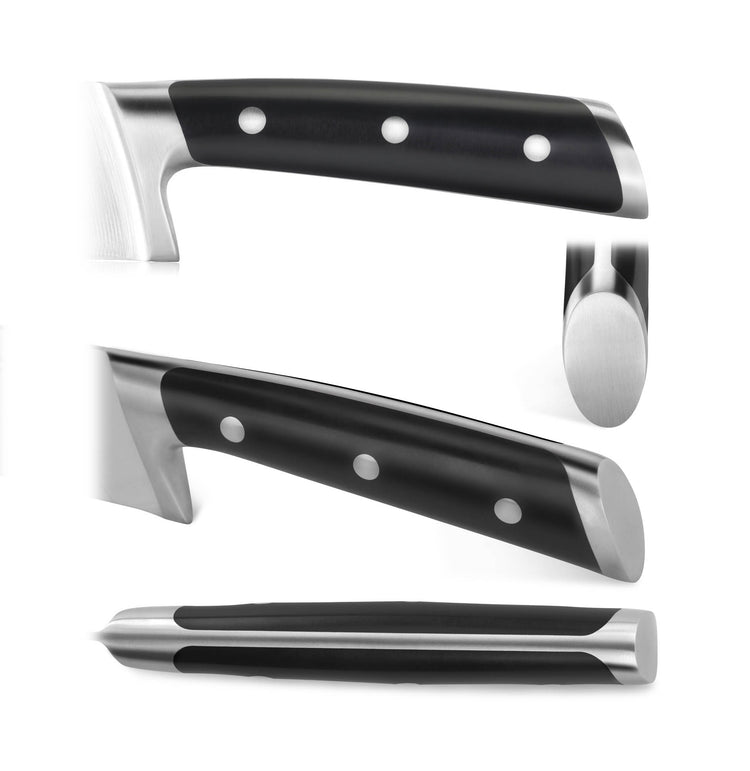 Close-up views of a black-handled knife with three rivets and a stainless steel bolster and end cap.