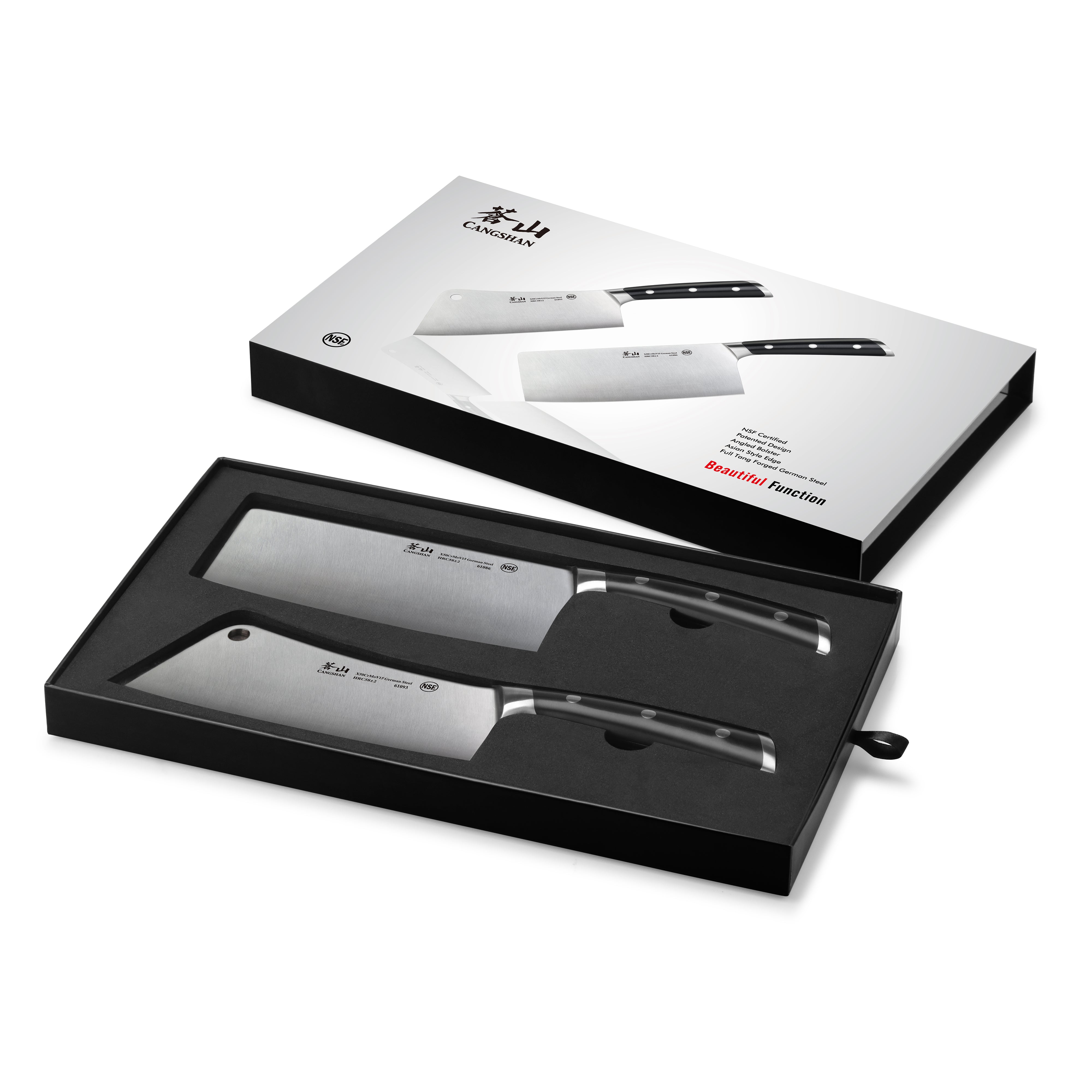 Two-piece cleaver knife set with black handles in a black foam-lined box, alongside the product packaging box.