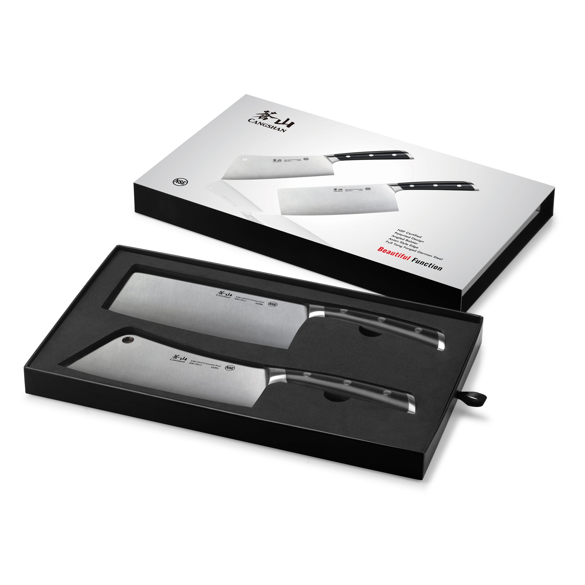 Two-piece cleaver knife set with black handles in a black foam-lined box, alongside the product packaging box.