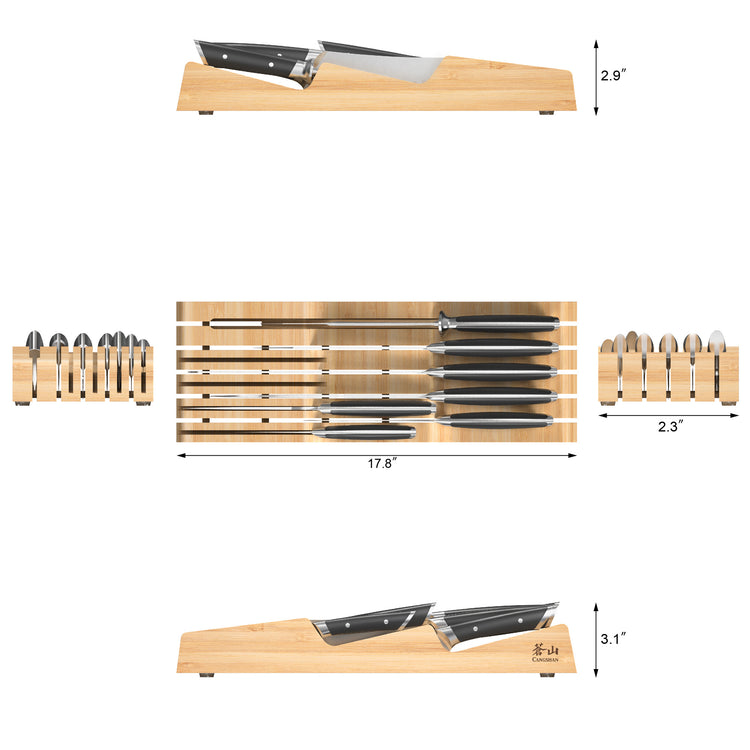 Bamboo in-drawer knife organizer holding eight BBQ knives with black handles, shown with dimensions.