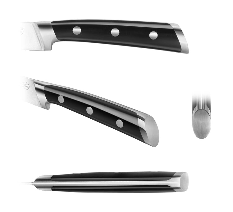 Black handle of a peeling knife with three metal rivets, shown from multiple angles including side, top, and end views.