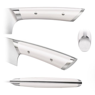 
                    
                      White ergonomic knife handle with stainless steel bolsters and rivets shown from four angles on a white background.
                    
                  