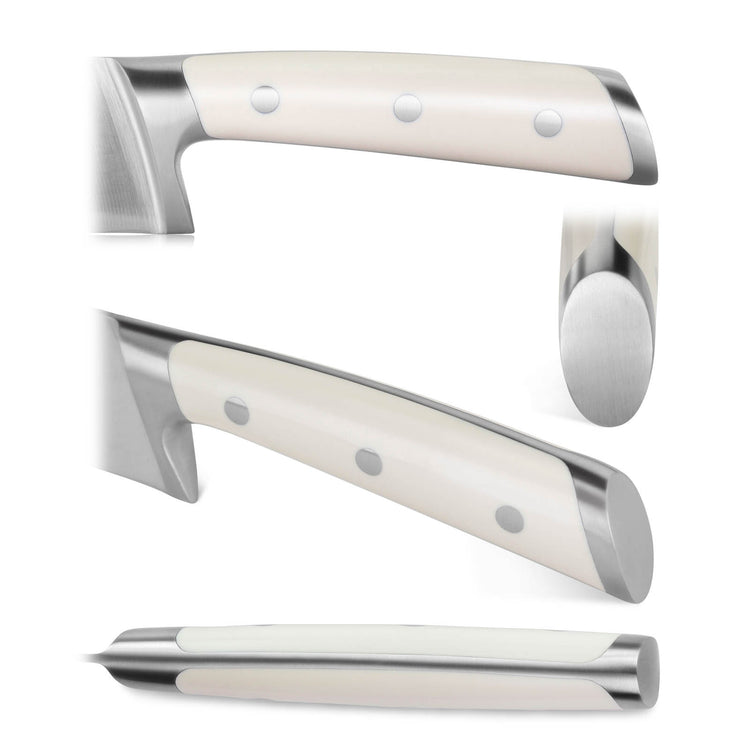 Knife handle with white grip and metal rivets shown from multiple angles on a white background.