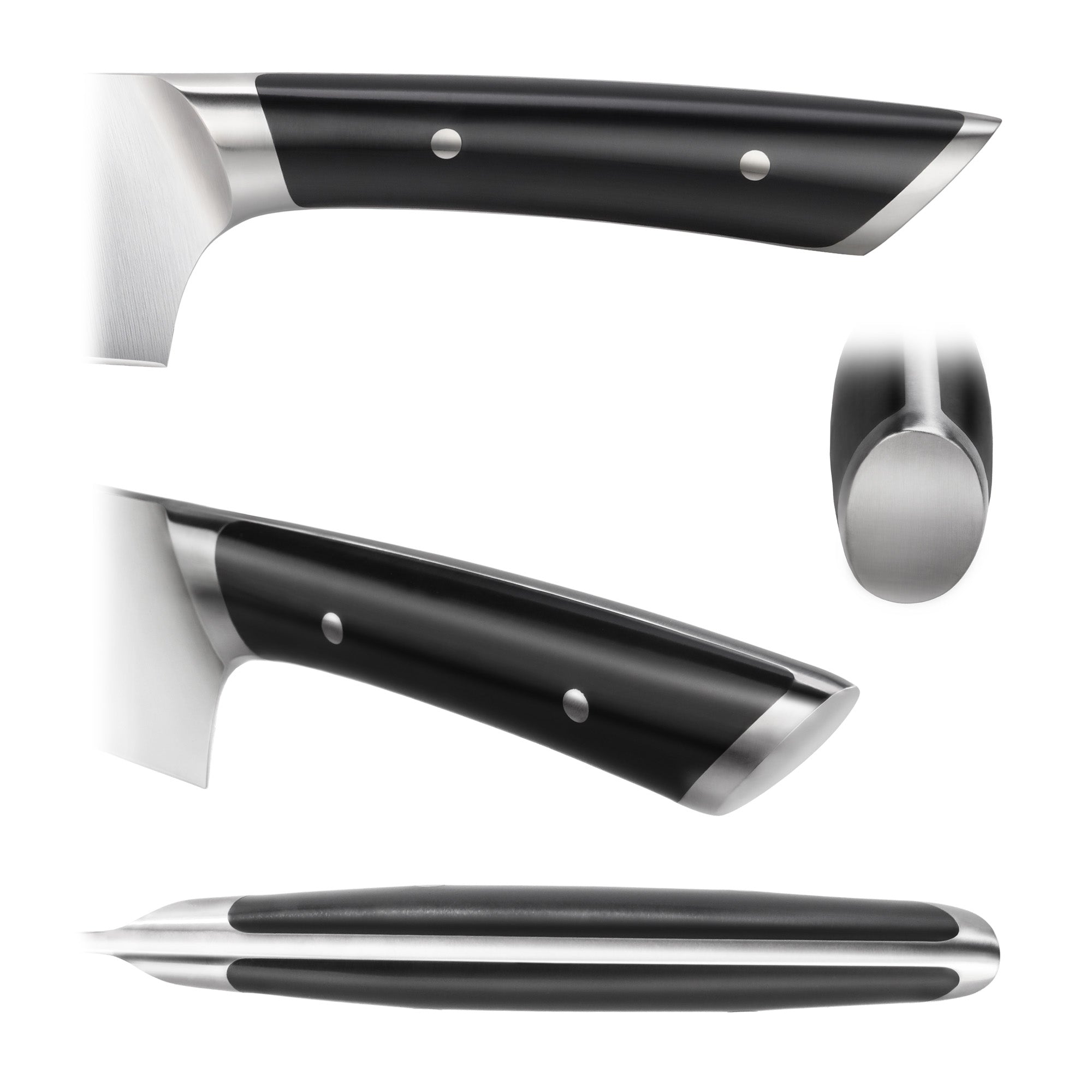 Close-up views of a black-handled carving knife with stainless steel bolsters and rivets.