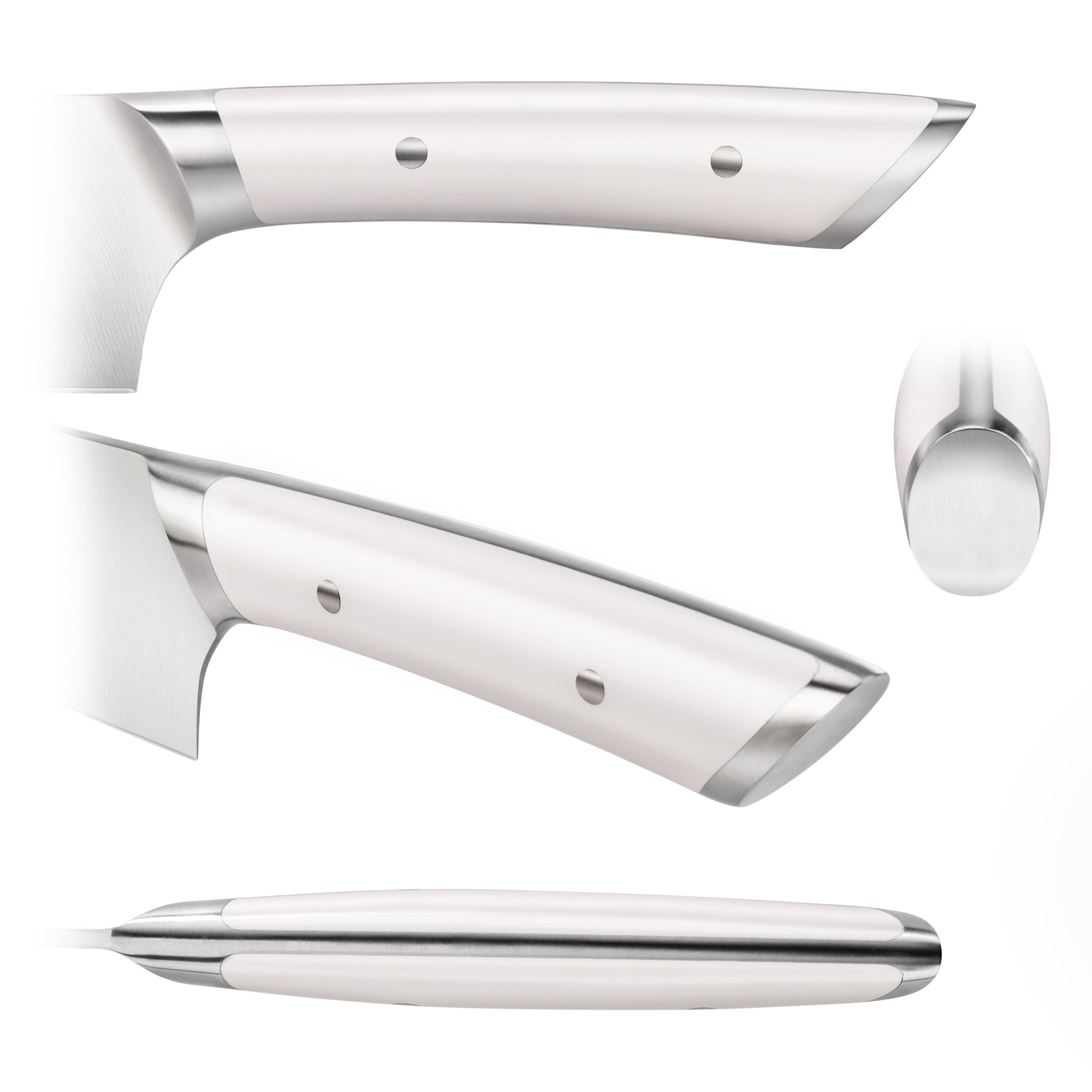 White ergonomic knife handle with metal rivets and polished metal bolster, shown from multiple angles.