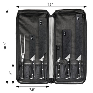 
                    
                      Black nylon knife bag open flat with six knives and one fork inside, showing dimensions 18.5 by 17 by 7.5 inches.
                    
                  