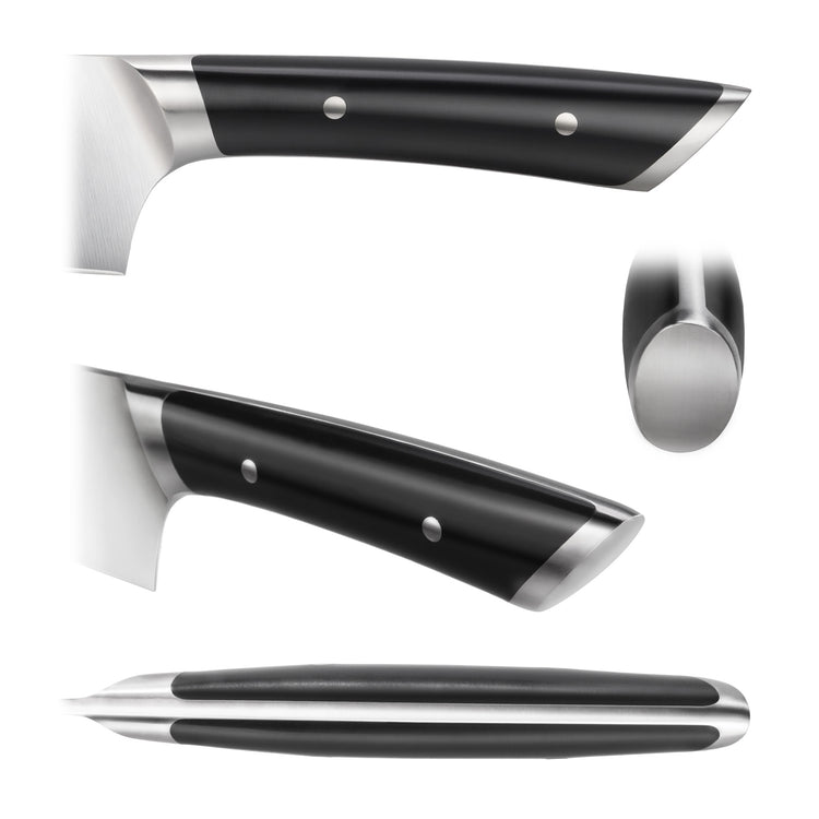 Black ergonomic handle of a steak knife with stainless steel bolsters and rivets, shown from multiple angles.