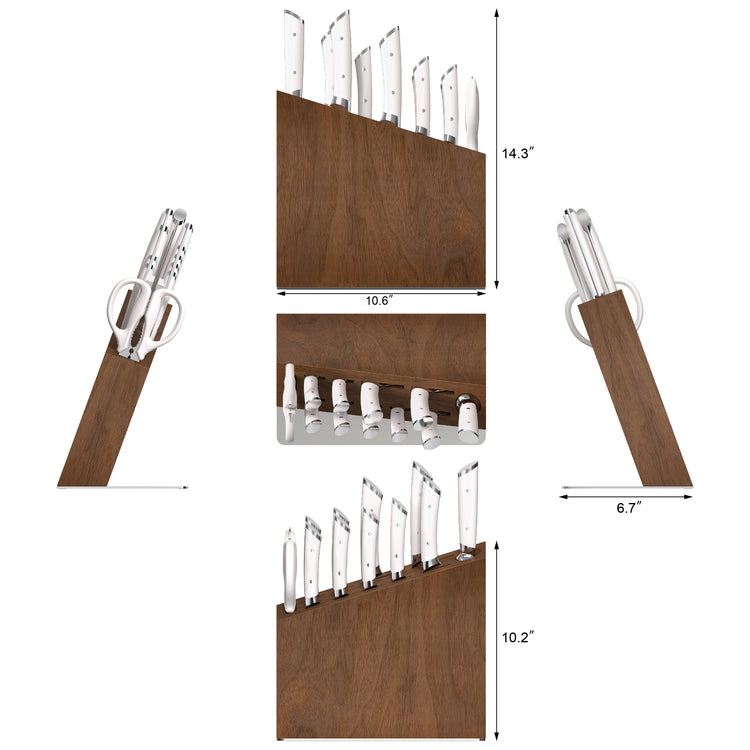Wooden knife block holding seven knives and a pair of scissors, shown from multiple angles with dimensions.